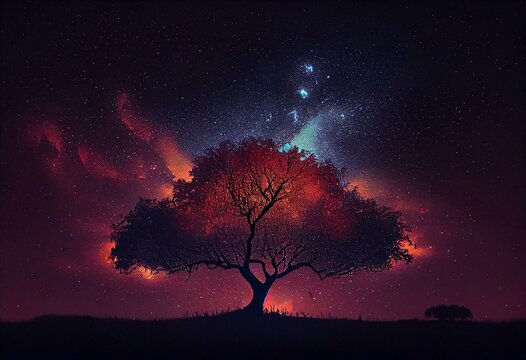 dreamlike gradient sky at night time, a big silhouette tree under starfield , idea for background wallpaper, Generative Ai