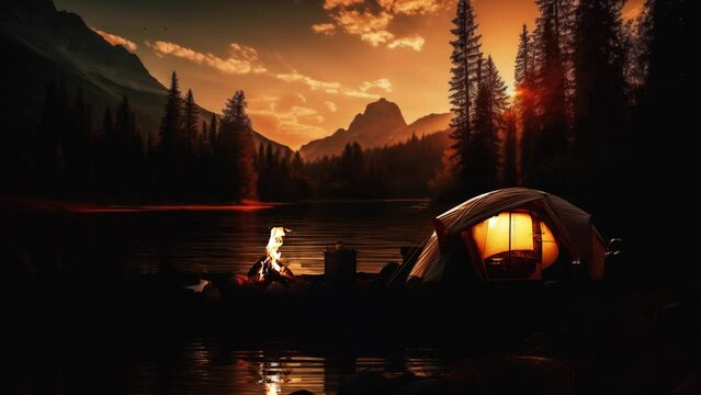 Beautiful nature at sunset A bonfire and tent in a lake in a mountain valley in a quiet deep forest, lonely but cozy and emotional atmosphere, comfortable hiking and camping scenery with a wood fire b
