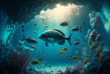 Fototapeta na wymiar Underwater life, fish underwater. Generative ai