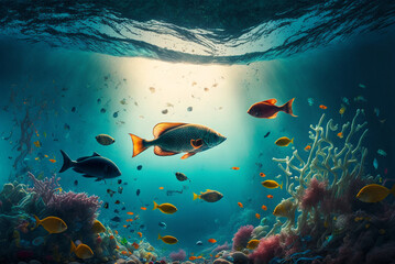 Fototapeta na wymiar Underwater life, fish underwater. Generative ai