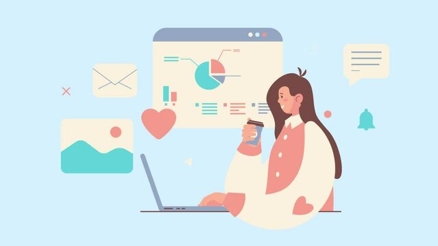 Woman Working On Laptop 2D Animation. Modern Trendy Design with Graph, Chart and Speech Bubble. Business and Finances Concept.