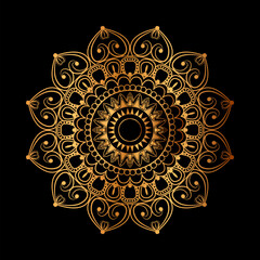 golden mandala design with a black background.