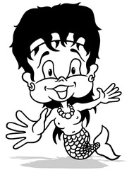 Drawing of a Black-haired Mermaid with Open Arms