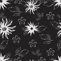 Floral brush stroke black and white seamless pattern for textile, fabric printing, and wallpaper