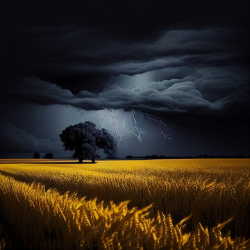 Dark Thunderstorm Over A Yellow Weed Field 