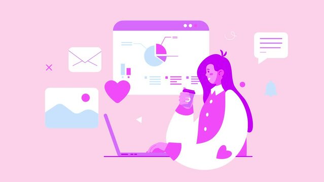 Woman Working On Laptop 2D Animation. Modern Trendy Design with Graph, Chart and Speech Bubble. Business and Finances Concept.