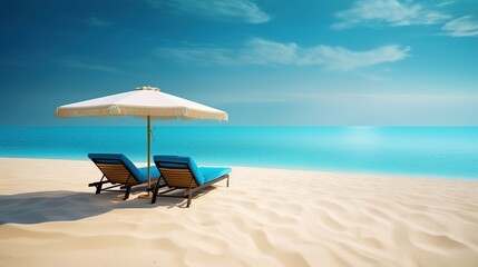 Two resort sun loungers on a sandy beach luxury. Generative ai