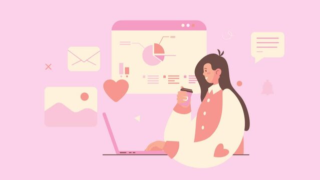 Woman Working On Laptop 2D Animation. Modern Trendy Design with Graph, Chart and Speech Bubble. Business and Finances Concept.