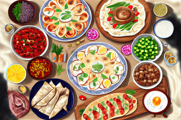 Obraz na płótnie Canvas Many types Georgian shish kebab, Mtsvadi with sauce and onion. Generative Ai