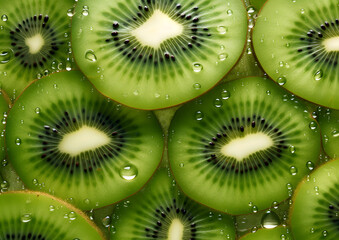 Fresh Kiwi Seamless Background with Glistening Droplets, Generative AI