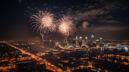 Impressive fireworks with several lights over the skyline of a big city. Generative AI.