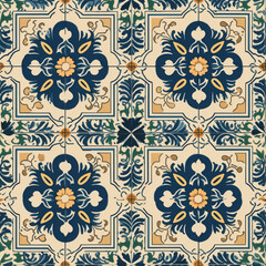 Mediterranean style garden tiles, kitchen tiles seamless pattern Azulejos ornaments. Can be used for wallpaper, pattern fills, web page background,surface textures. AI Generated.