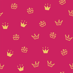 Seamless pattern with yellow crowns on a hot pink background in doodle style.