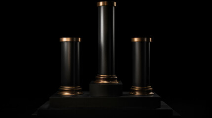 Obraz na płótnie Canvas Three pedestals as a podium in front of a dark black background. Generative AI.