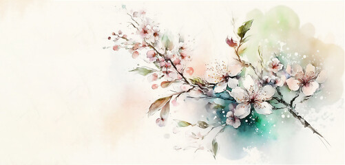 Floral spring background of cherry blossom flower in spring. Watercolor illustration. Generated AI .