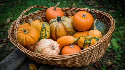 Basket full of pumkins with different colors and sizes. Generative AI.