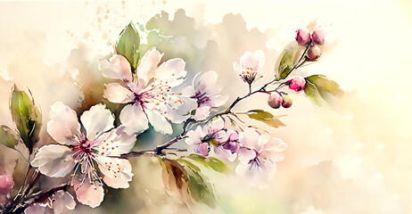 Obraz na płótnie Canvas Floral spring background of cherry blossom flower in spring. Watercolor illustration. Generated AI .