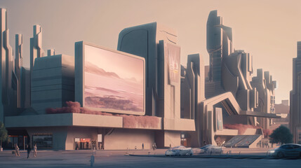 Cinema of future. Fashionable beautiful building in gentle pink tones in futuristic city. Generative AI. High quality illustration