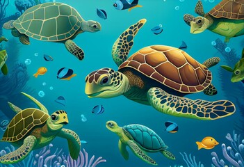 Animals cartoon seamless turtle and water ocean waves pattern for wrapping paper and linens and fabrics. Generative AI