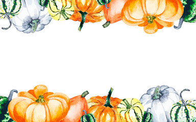 Pumpkins watercolor horizontal border. Watercolor  of bright pumpkins on white background