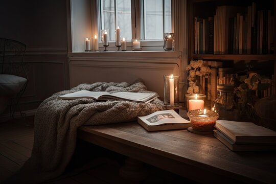cozy reading nook, with candles and book on the table, created with generative ai