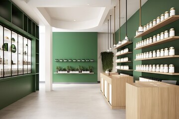 cannabis dispensary with sleek, modern design, featuring minimalist furniture and gender-neutral colors, created with generative ai - obrazy, fototapety, plakaty