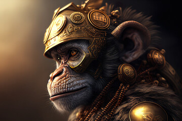 Monkey Portrait Illuminated By The Sun With Helmet And Golden Necklace - Generative AI