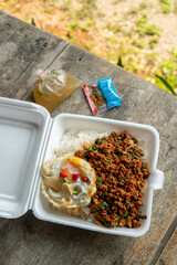 Stir fried Thai basil with minced pork and a fried egg on white plate