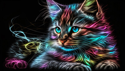 Neon Glow Kitty On Black Background - Generative AI