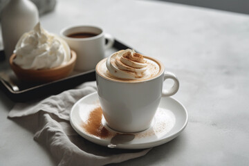 Vienna coffee A cup of coffee with whipped cream and a cup of coffee on a tray. AI generation