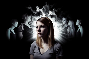 Gaslighting A woman stands in front of a dark background with a light behind her. AI generation - obrazy, fototapety, plakaty