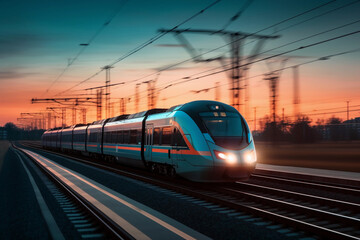 A train is going down the tracks fast train speed AI generation - obrazy, fototapety, plakaty