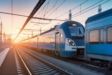 Fototapeta na wymiar Two trains on a railroad track with the sun setting behind them AI generation