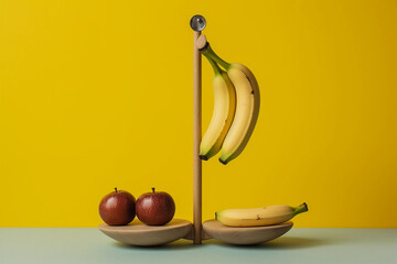A banana and a pair of apples are on a scale. AI generation