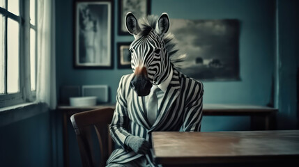Fototapeta na wymiar portrait of a zebra in a suit and tie, in light modern office space. Generative AI Art Illustration