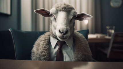 portrait of a sheep in a suit and tie, in light modern office space. Generative AI Art Illustration