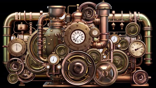 Large Steampunk Steam Engine With Many Different Parts. Animation On The Theme Of Production And Industry, Steampunk And Technology, History And Techno.
