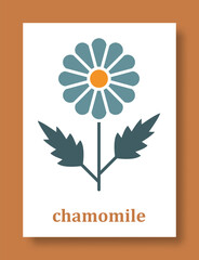Abstract symbol of chamomile flower. Simple minimal style of chamomile petals and branch with leaves. Vector illustration.