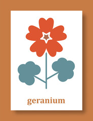 Abstract symbol of geranium flower. Simple minimal style of geranium petals and branch with leaves. Vector illustration.