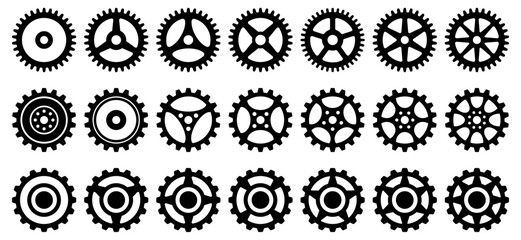 Collection of mechanical cogwheels. 21 small and large gears. Black silhouette sprocket icon design element. White background. Vector illustration.