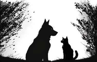 silhouette of a dog and a cat together isolated on white background. Generative AI