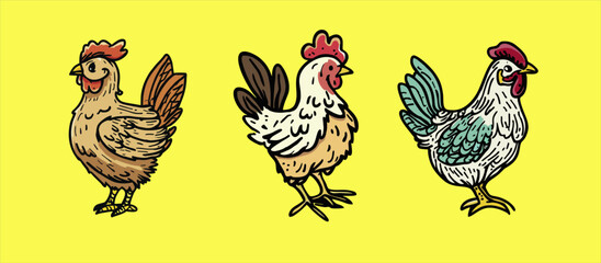 three chickens vector illustration design, hand drawn, symbol for food logo