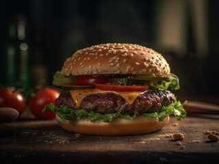 A Juicy Burger with Perfect Lighting  and High Resolution Image.