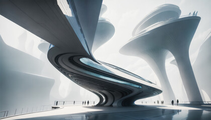 A modern architecture of glass and steel. Futuristic buildings. Generative AI.