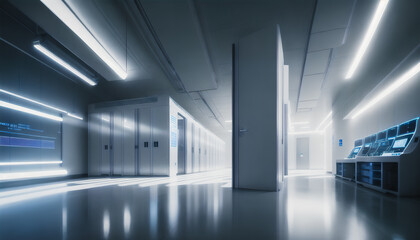 A modern server room with glass walls and computers. Generative AI.