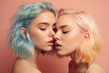 Fototapeta premium Two Young women with rainbow colored face and hair. Generative AI