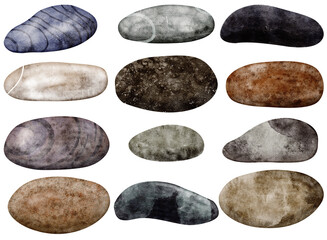 Watercolor set of stones. Hand-drawn collection of rocks. Varieties of polished pebbles in grey, black, and brown color. High-resolution illustration isolated on white background.