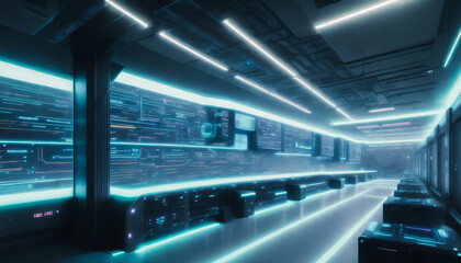 A cyberpunk server room sustaining the metaverse. Futuristic technologies and quantum computers. Generative AI