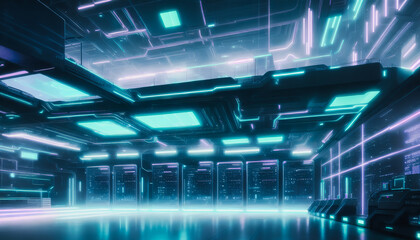 Fototapeta premium A cyberpunk server room sustaining the metaverse. Futuristic technologies and quantum computers. Generative AI
