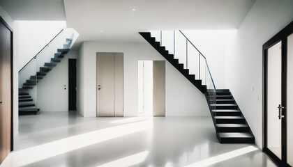 A black and white foyer in a new building with grand glass stairs. Modern design. Generative AI.

